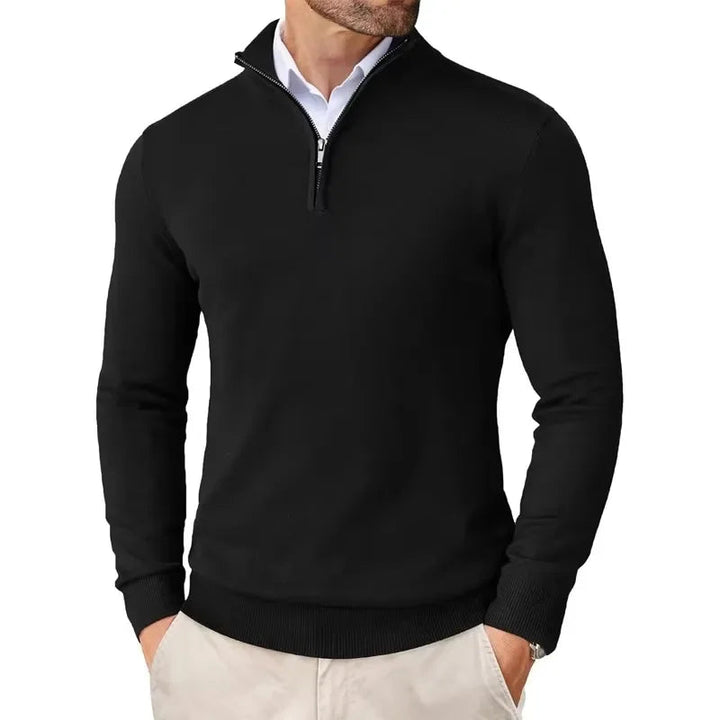 Men's long-sleeve textured knit sweater with a half-zip stand collar