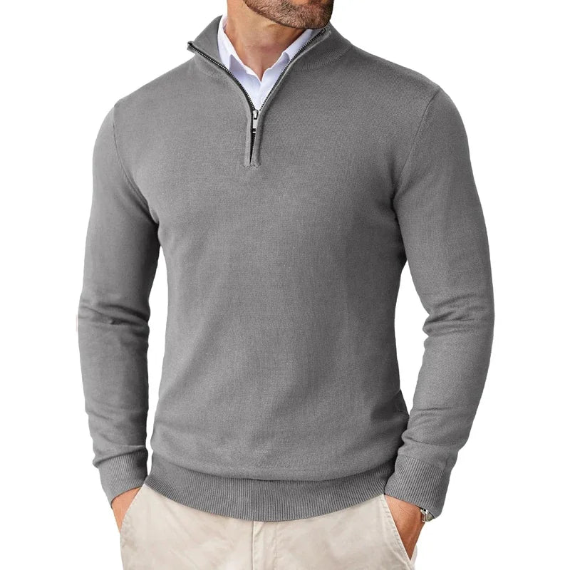 Men's long-sleeve textured knit sweater with a half-zip stand collar