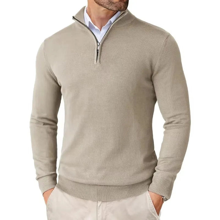 Men's long-sleeve textured knit sweater with a half-zip stand collar