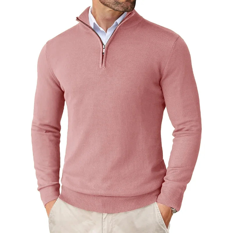 Men's long-sleeve textured knit sweater with a half-zip stand collar