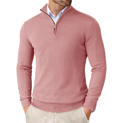 Men's long-sleeve textured knit sweater with a half-zip stand collar