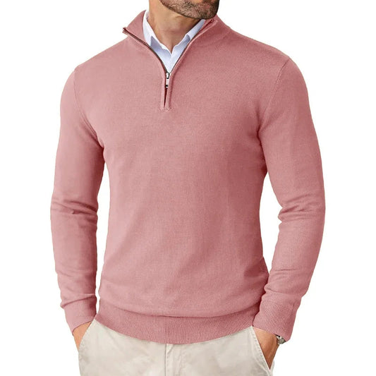 Men's long-sleeve textured knit sweater with a half-zip stand collar