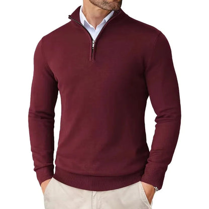 Men's long-sleeve textured knit sweater with a half-zip stand collar