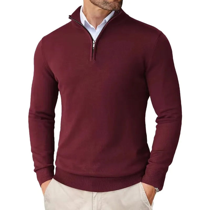 Men's long-sleeve textured knit sweater with a half-zip stand collar
