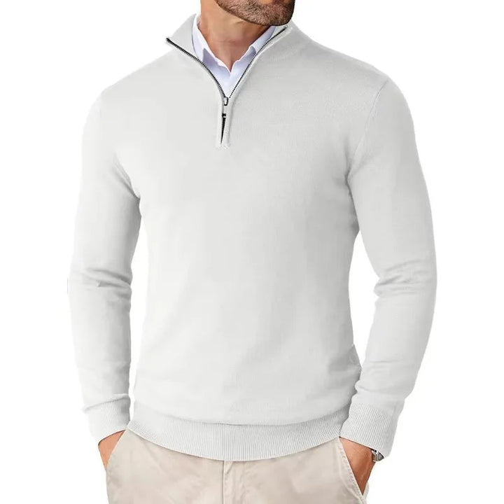 Men's long-sleeve textured knit sweater with a half-zip stand collar