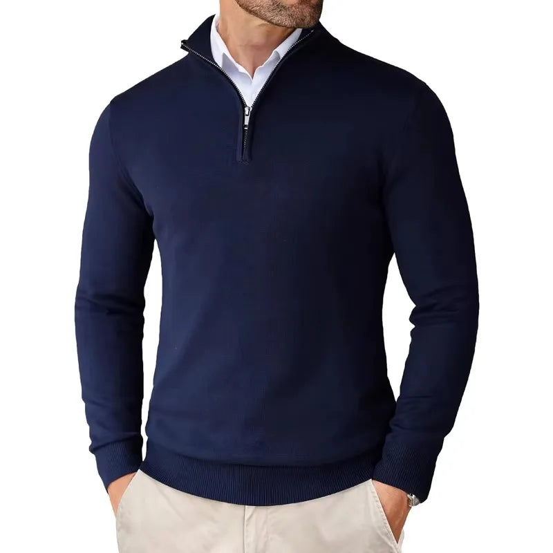 Men's long-sleeve textured knit sweater with a half-zip stand collar