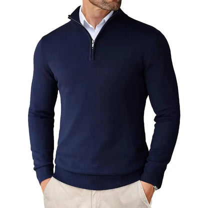 Men's long-sleeve textured knit sweater with a half-zip stand collar