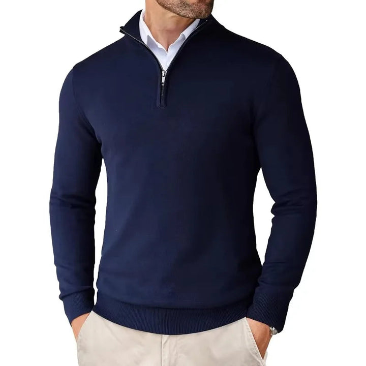 Men's long-sleeve textured knit sweater with a half-zip stand collar