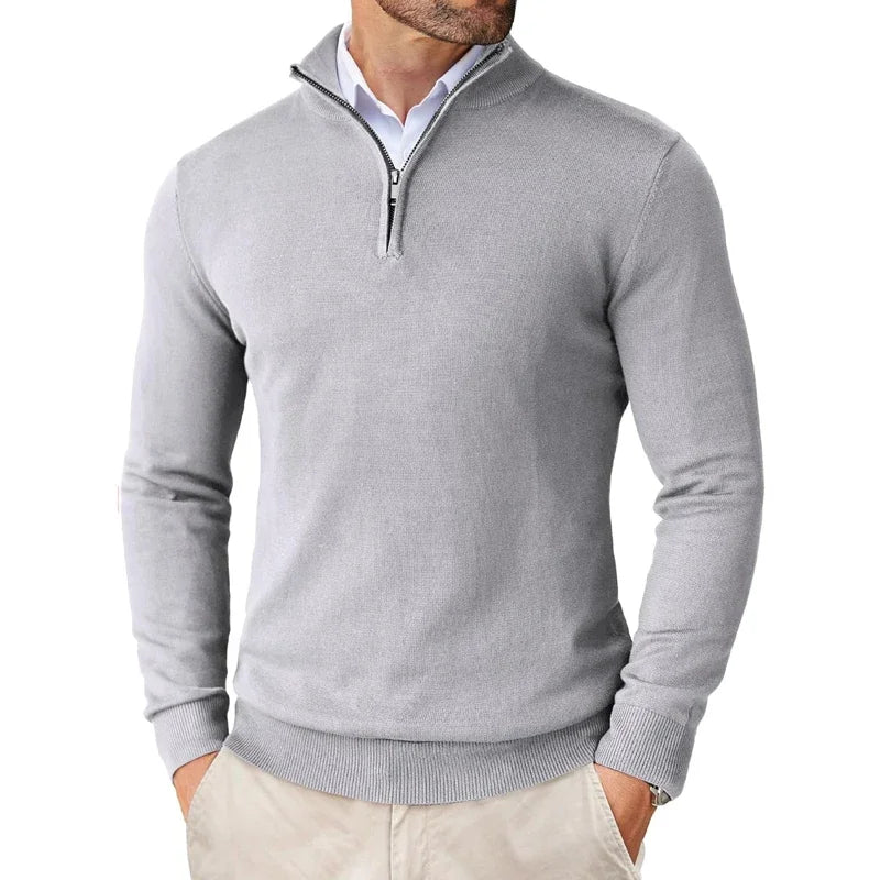Men's long-sleeve textured knit sweater with a half-zip stand collar