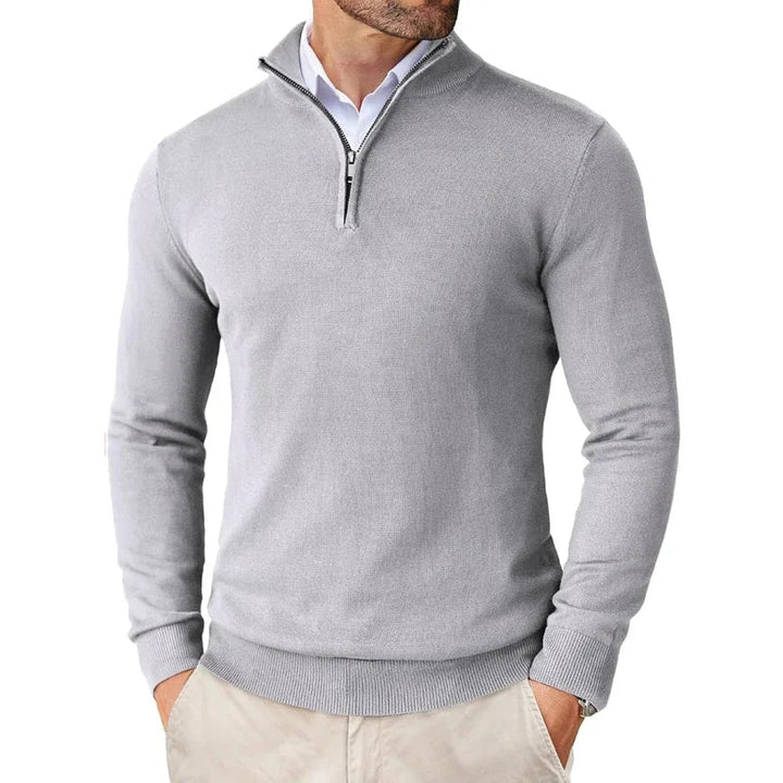 Men's long-sleeve textured knit sweater with a half-zip stand collar