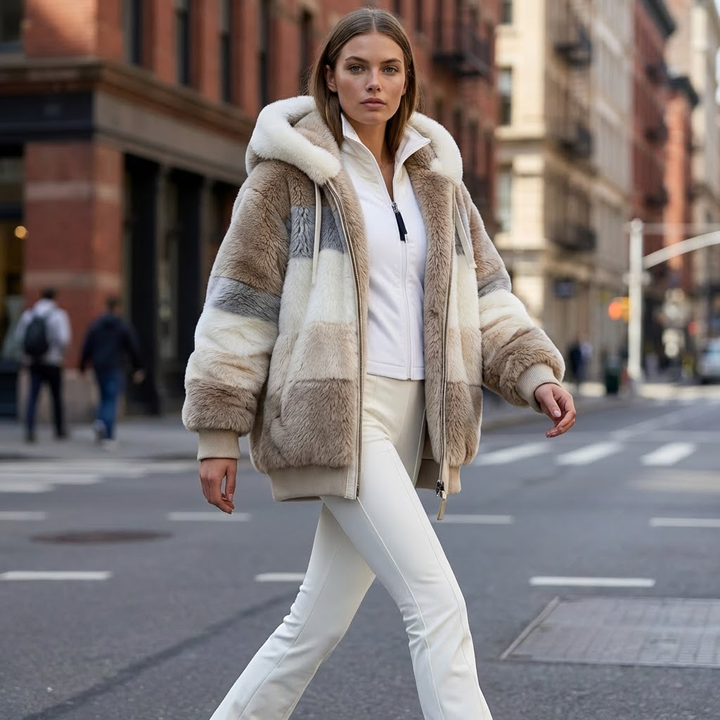 Women's color block jacket with plush collar and floral quilted panel