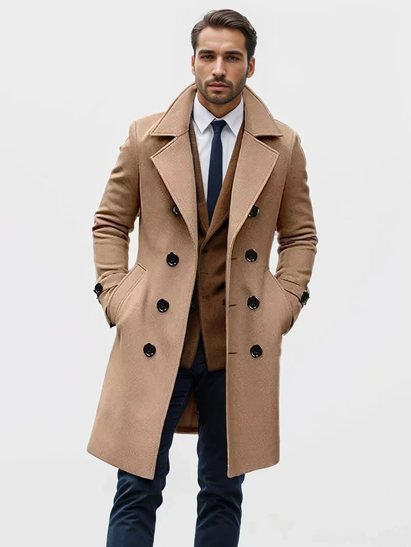 Men's long double-breasted overcoat with notched lapels and buttoned cuffs