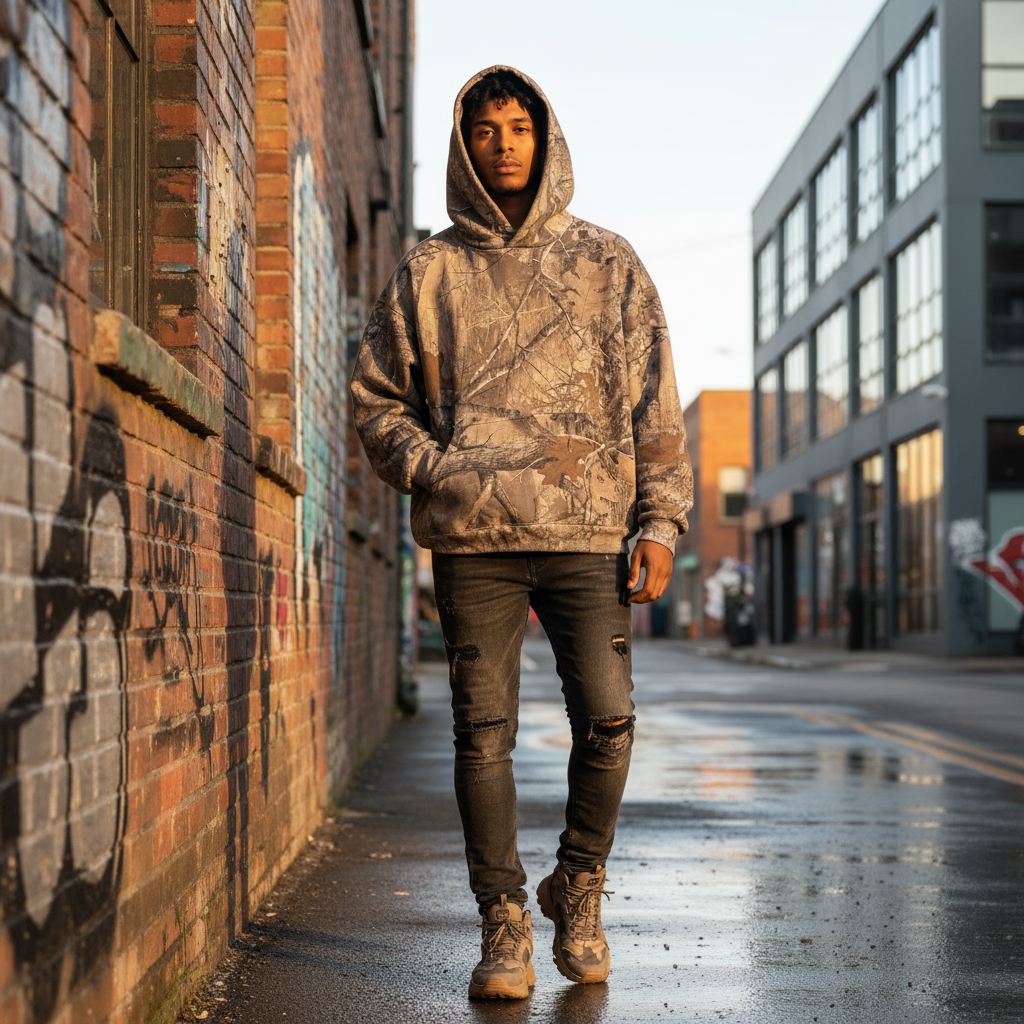 Unisex oversized camouflage hoodie with hood and front zipper
