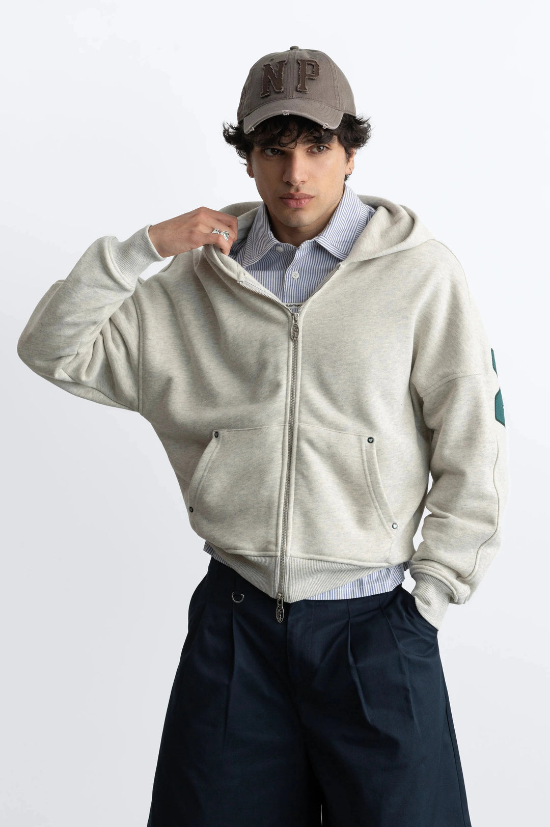 Grey graphic zip-up hoodie with hood and lettering