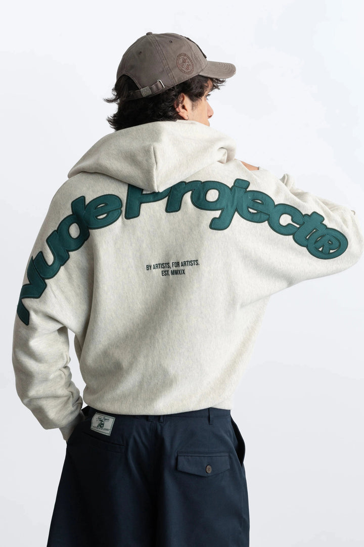 Grey graphic zip-up hoodie with hood and lettering