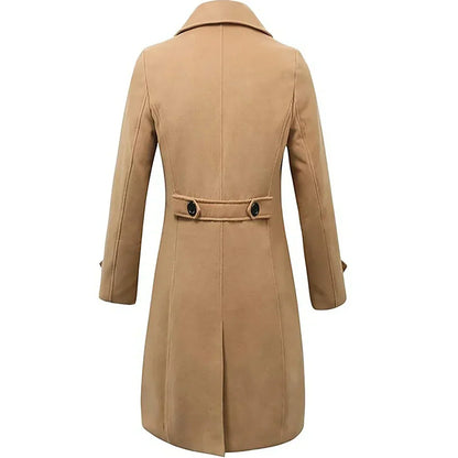 Men's long double-breasted overcoat with notched lapels and buttoned cuffs