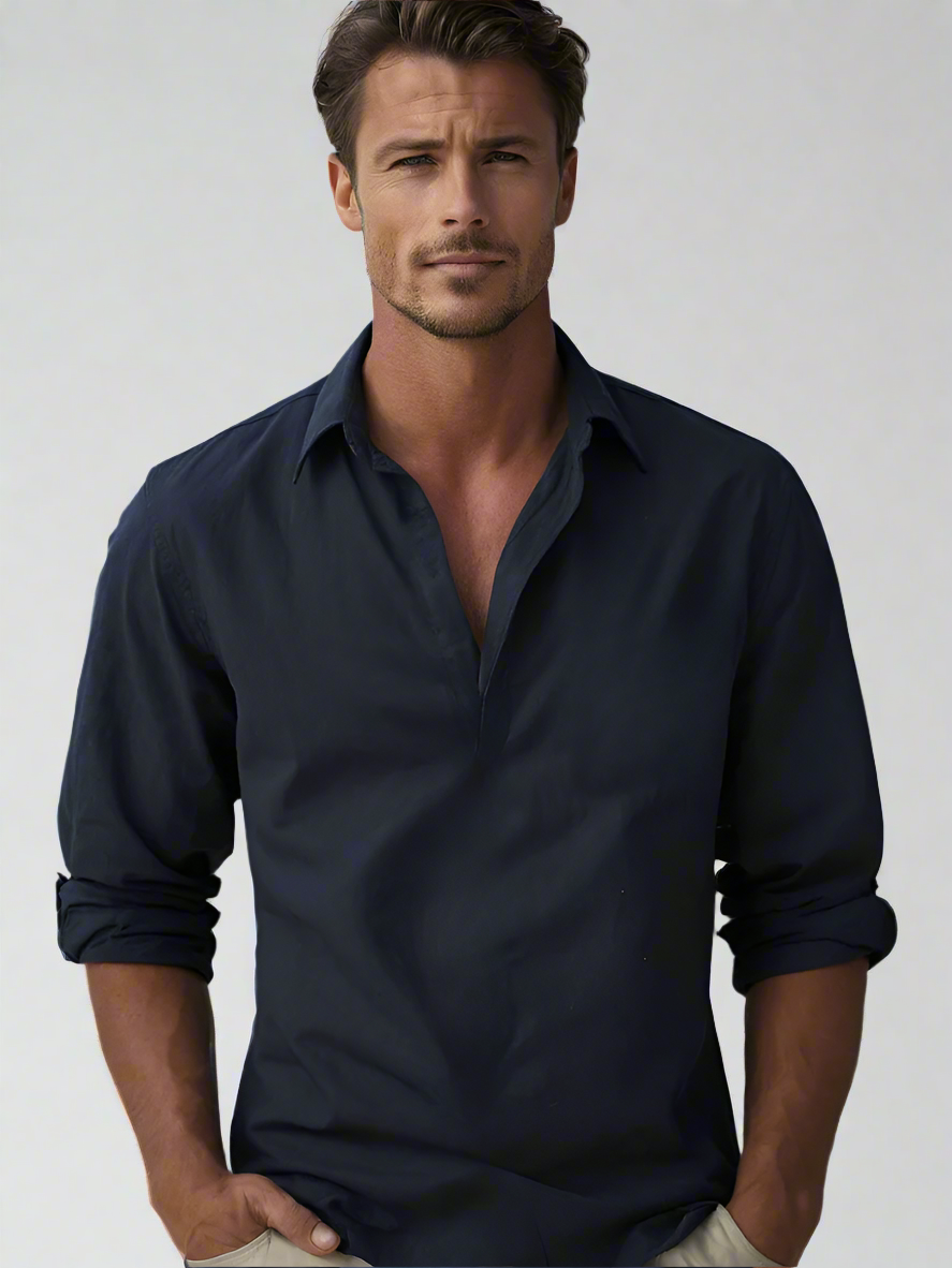 Men's Linen Shirt, Open Collar Relaxed Fit Lightweight Smart Casual Summer Shirt