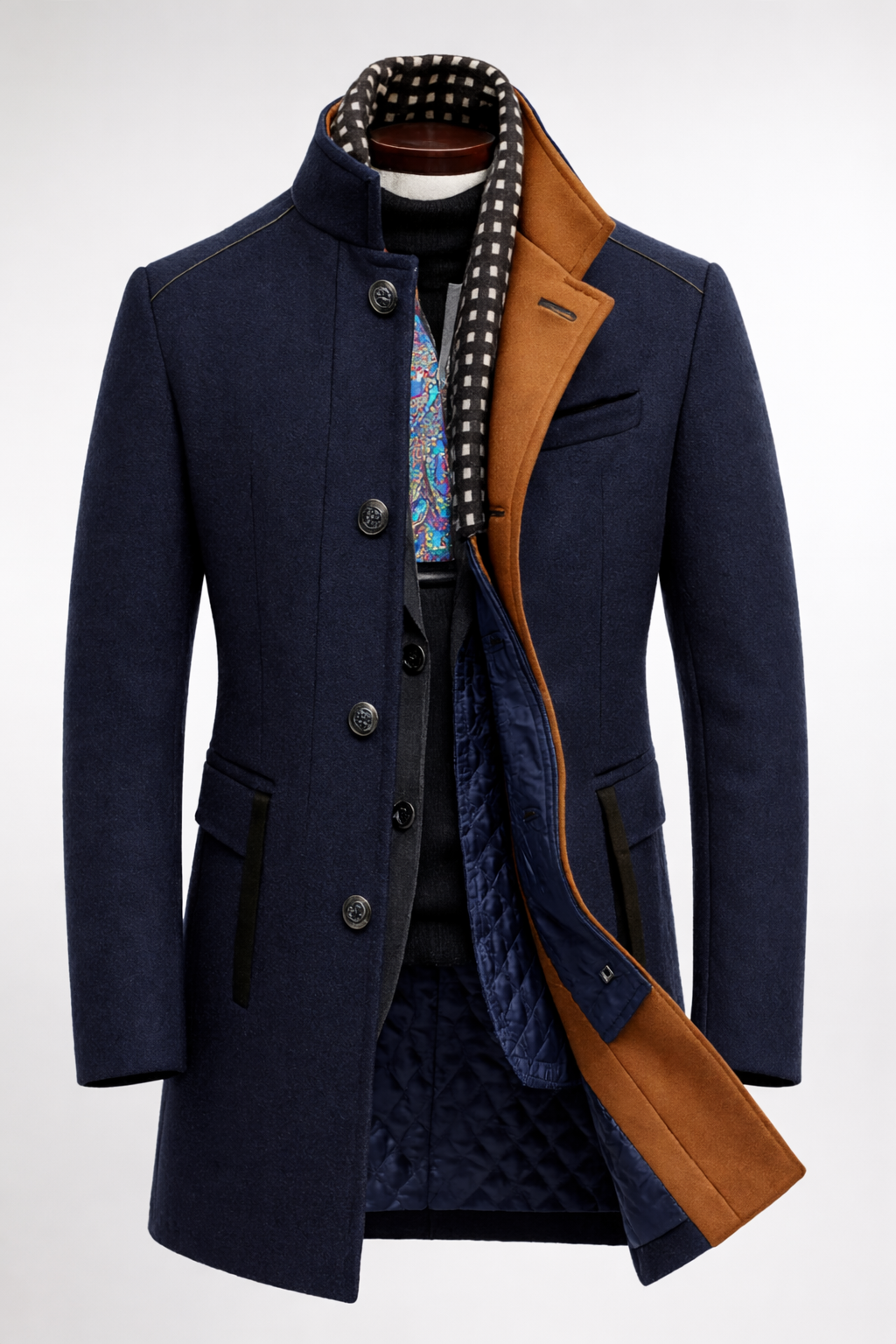 Men's structured overcoat with stand collar, button front, contrast trim and quilted lining