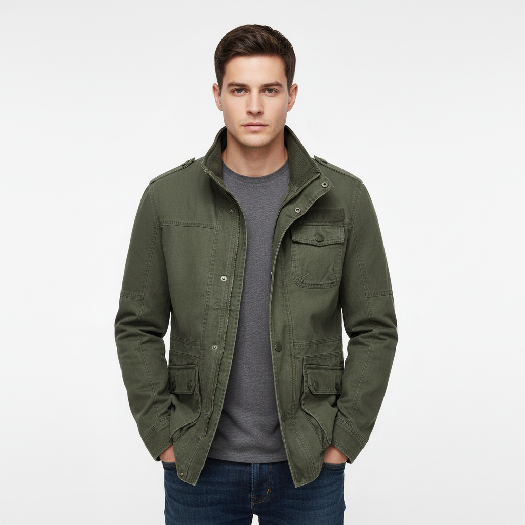 Men's denim jacket with high neck and utility pockets
