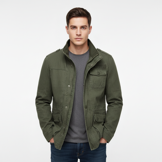 Men's denim jacket with high neck and utility pockets