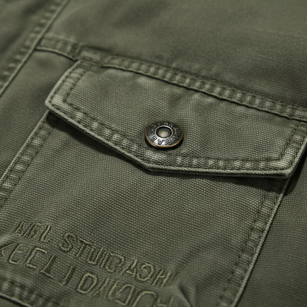 Men's denim jacket with high neck and utility pockets