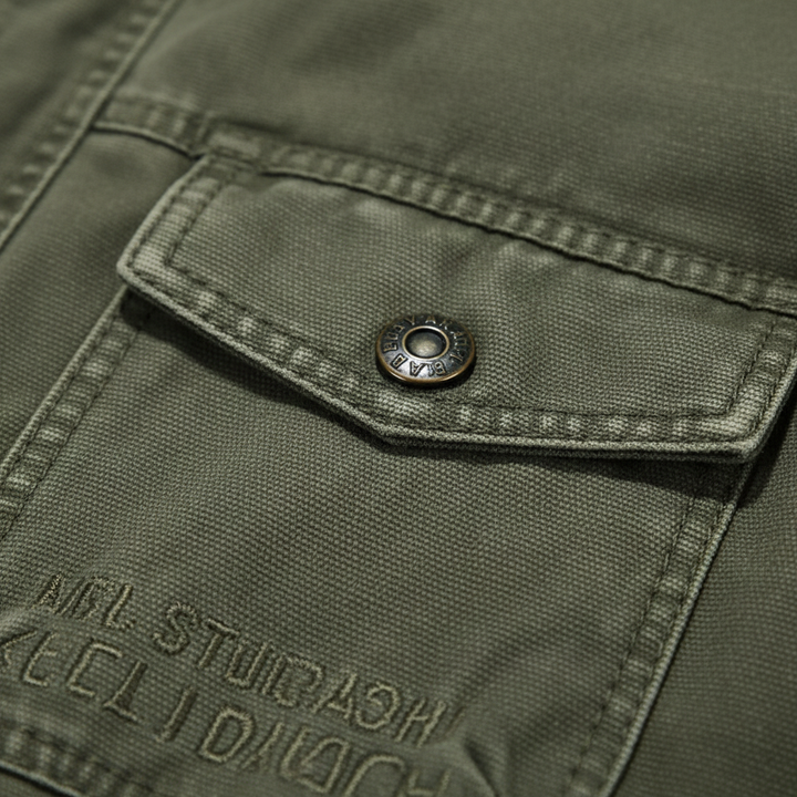 Men's denim jacket with high neck and utility pockets