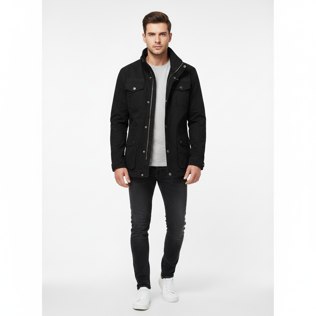 Men's denim jacket with high neck and utility pockets
