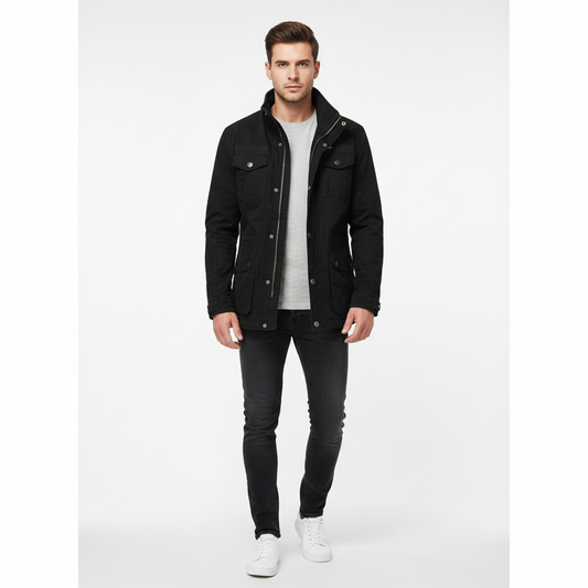 Men's denim jacket with high neck and utility pockets