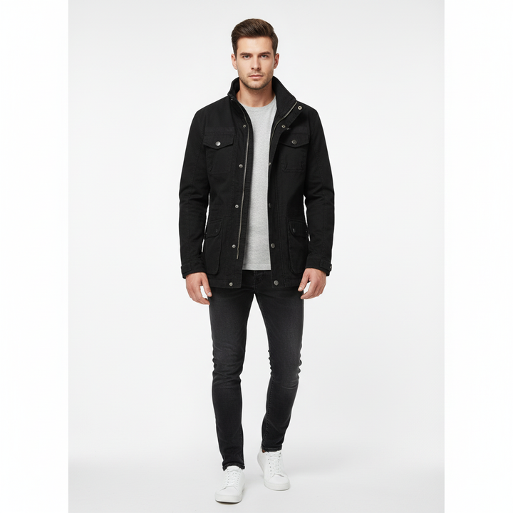 Men's denim jacket with high neck and utility pockets