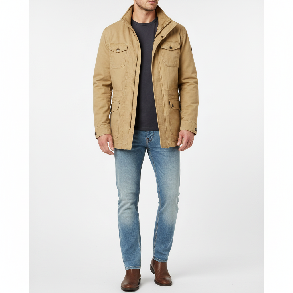 Men's denim jacket with high neck and utility pockets