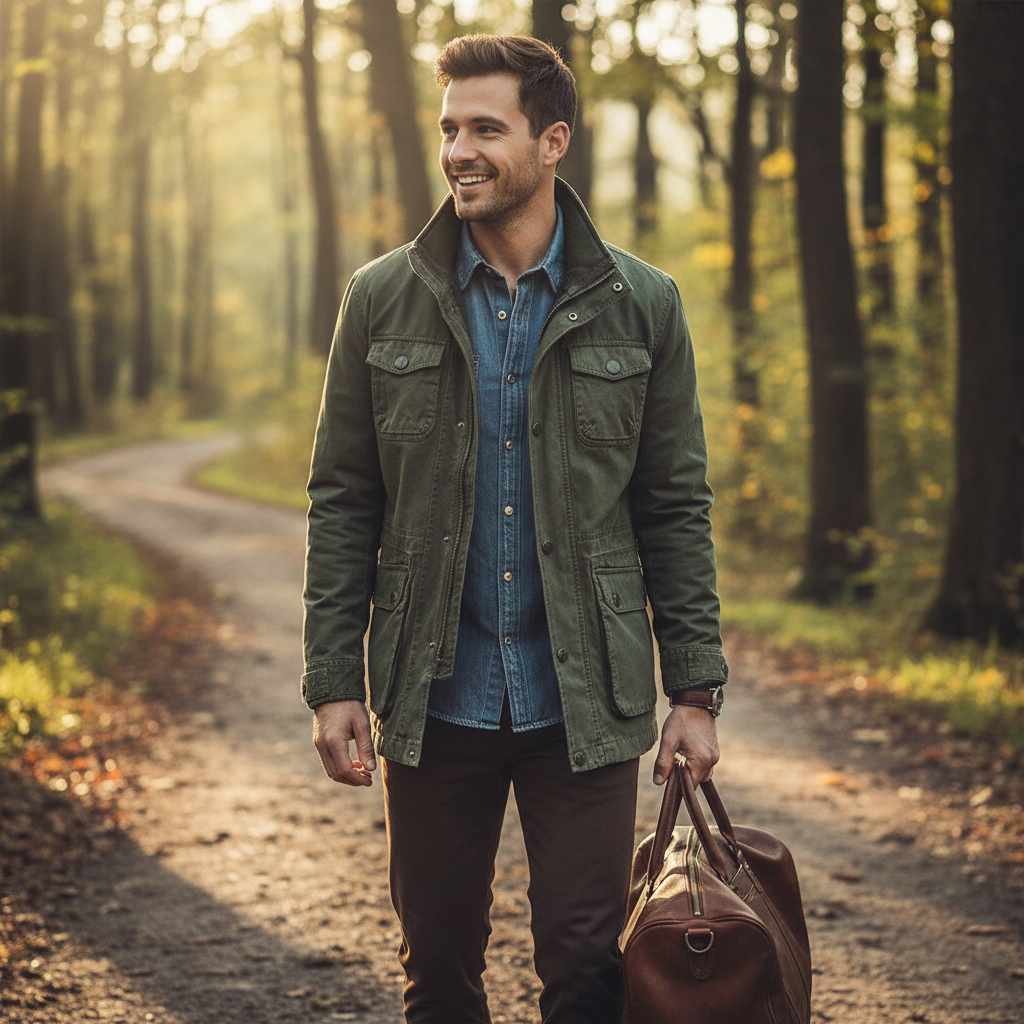 Men's denim jacket with high neck and utility pockets