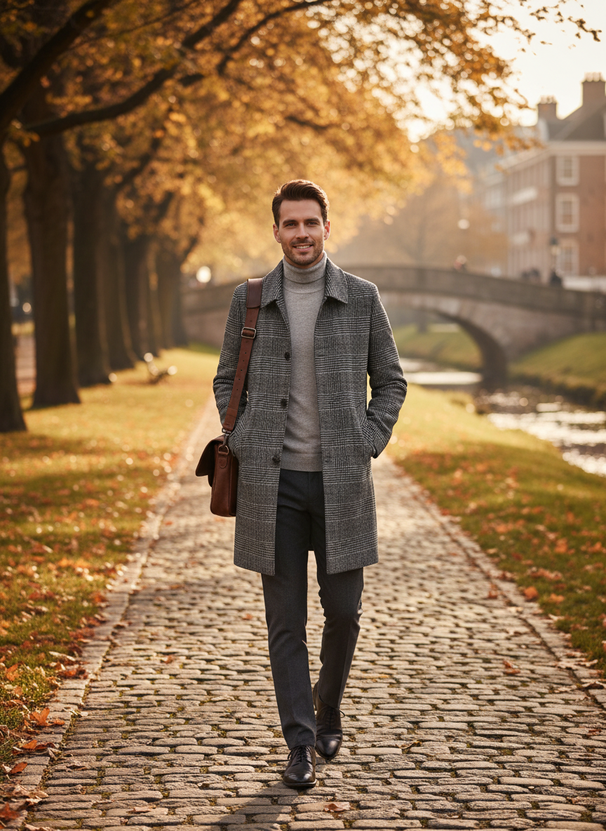 Men's plaid trench coat with button front, lapel collar and side pockets