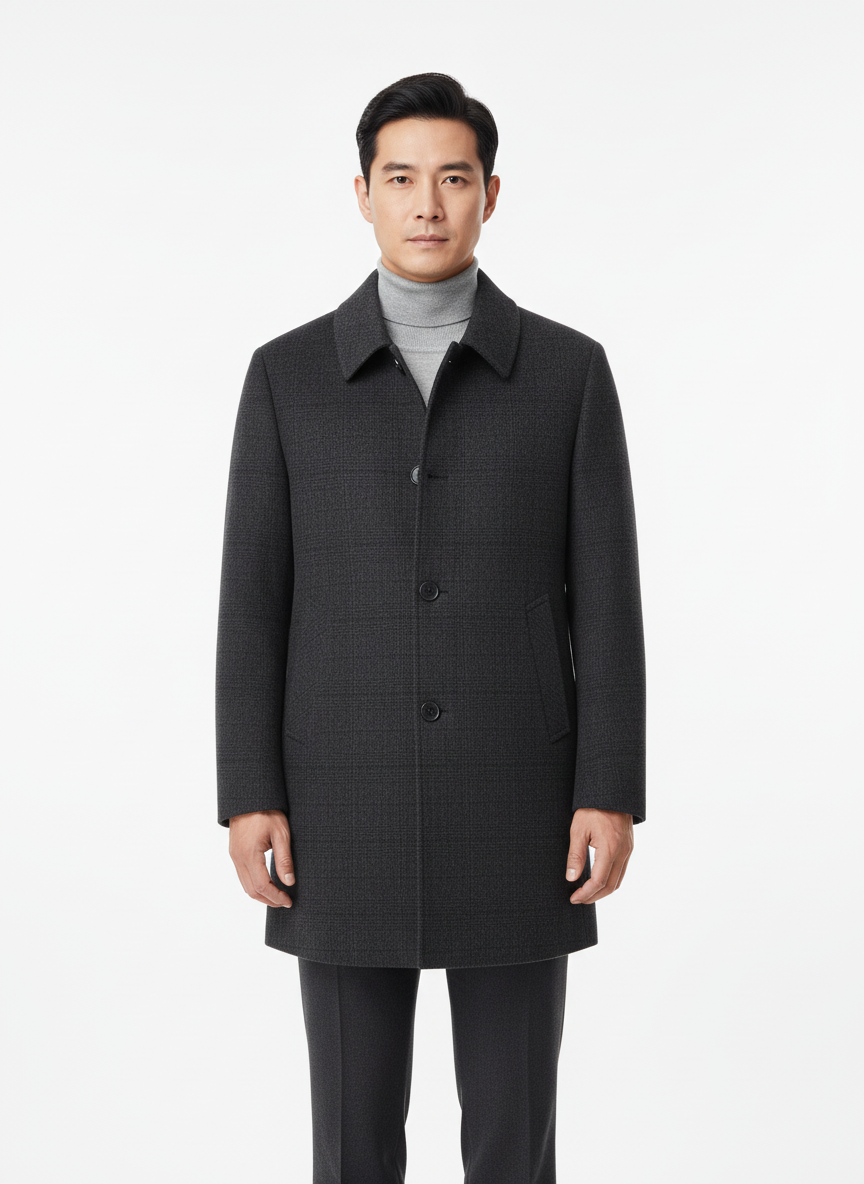Men's plaid trench coat with button front, lapel collar and side pockets