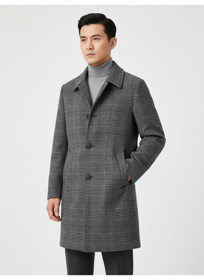 Men's plaid trench coat with button front, lapel collar and side pockets