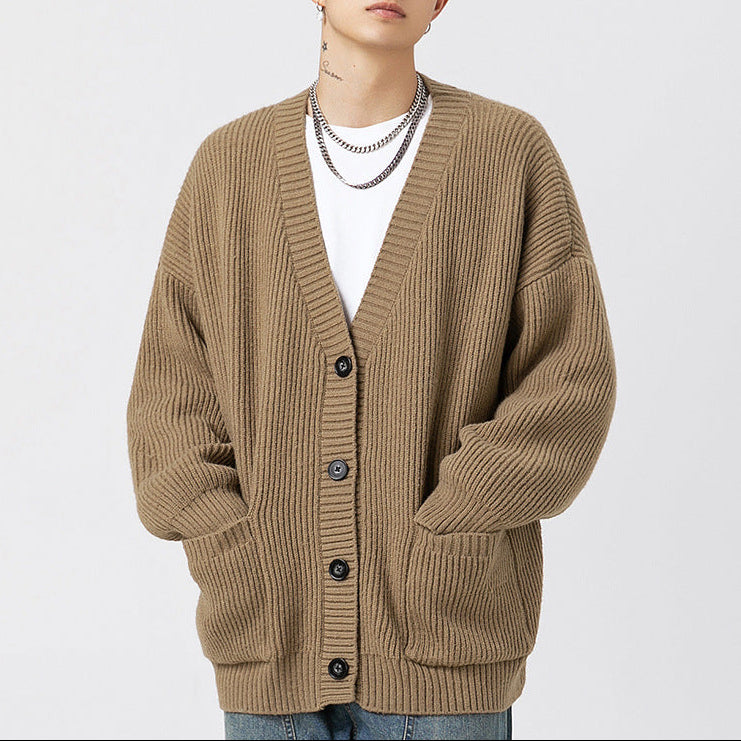 Ribbed knit cardigan with V-neck, buttons and two front pockets