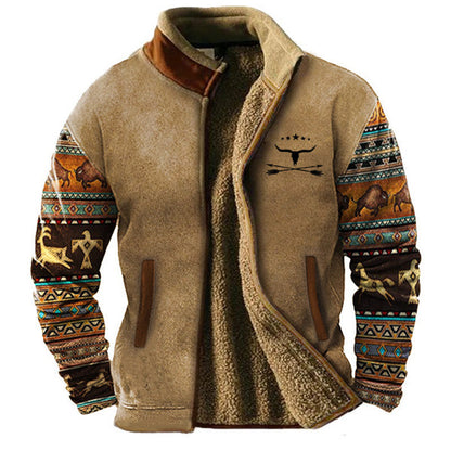 Men's patterned jacket with stand collar, zip front and printed animal motif sleeves