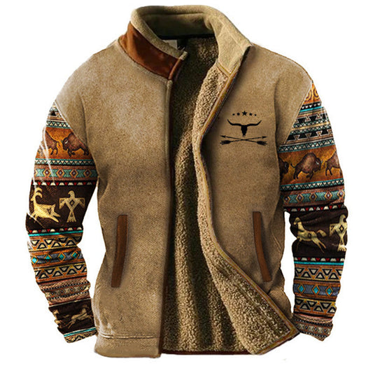 Men's patterned jacket with stand collar, zip front and printed animal motif sleeves