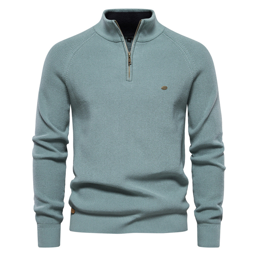 Men's black half zip ribbed crew neck sweater with long sleeves