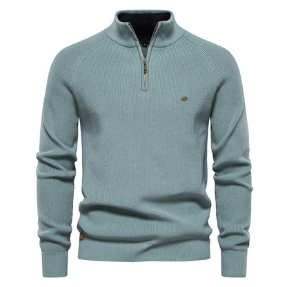 Men's black half zip ribbed crew neck sweater with long sleeves