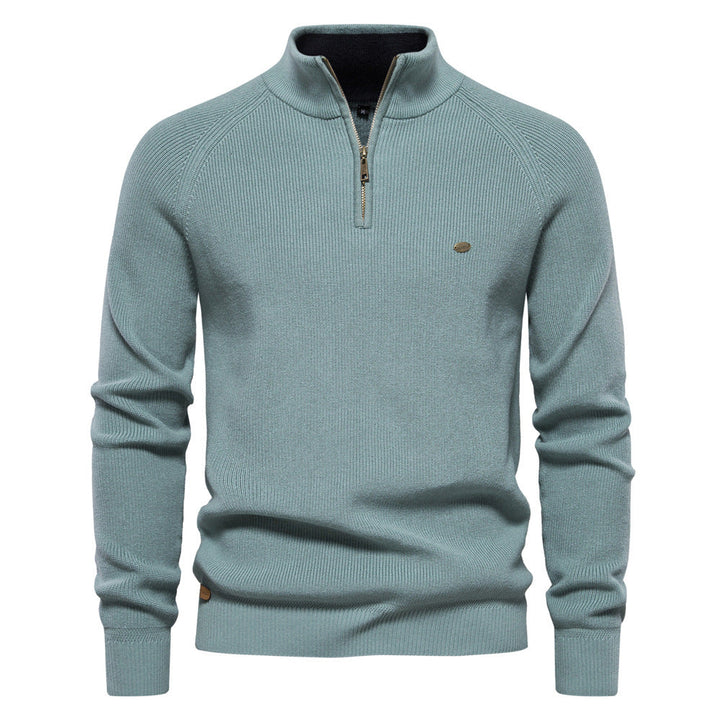 Men's black half zip ribbed crew neck sweater with long sleeves
