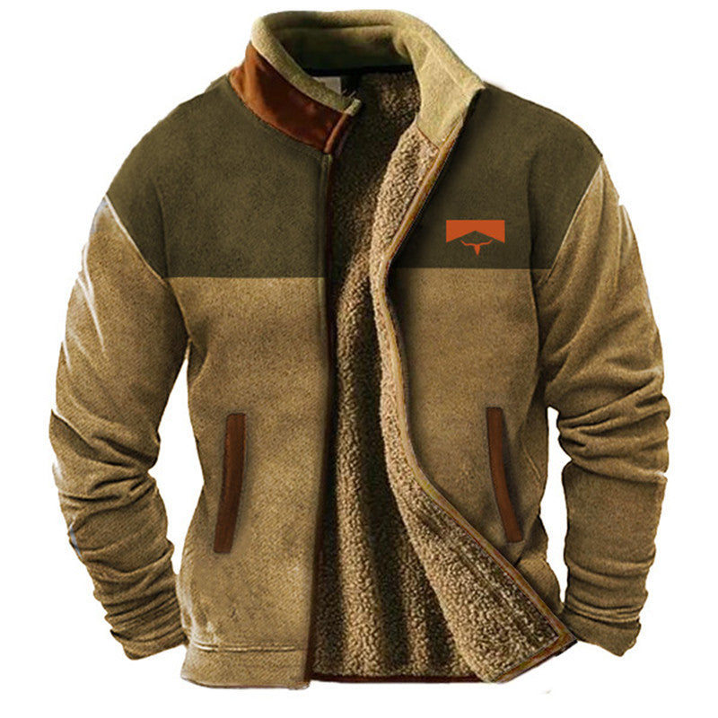 Men's patterned jacket with stand collar, zip front and printed animal motif sleeves