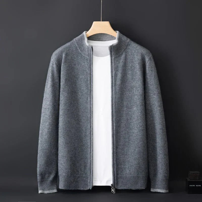 Knit zip-front bomber cardigan with ribbed collar and long sleeves