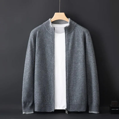 Knit zip-front bomber cardigan with ribbed collar and long sleeves