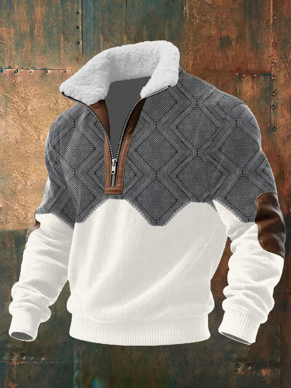 Men's textured half-zip sweater with mock neck, long sleeves and ribbed trims