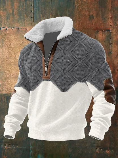 Men's textured half-zip sweater with mock neck, long sleeves and ribbed trims