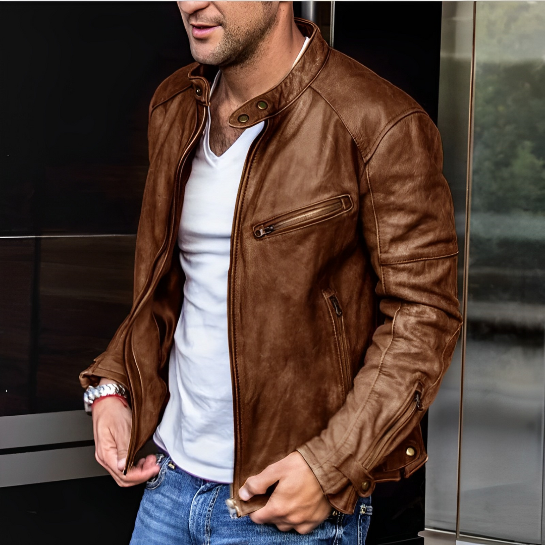 Men's aviator-style leather jacket with long sleeves