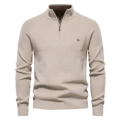 Men's black half zip ribbed crew neck sweater with long sleeves