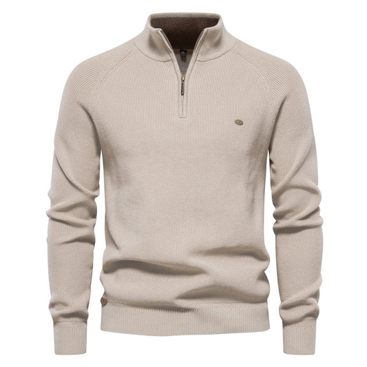 Men's black half zip ribbed crew neck sweater with long sleeves
