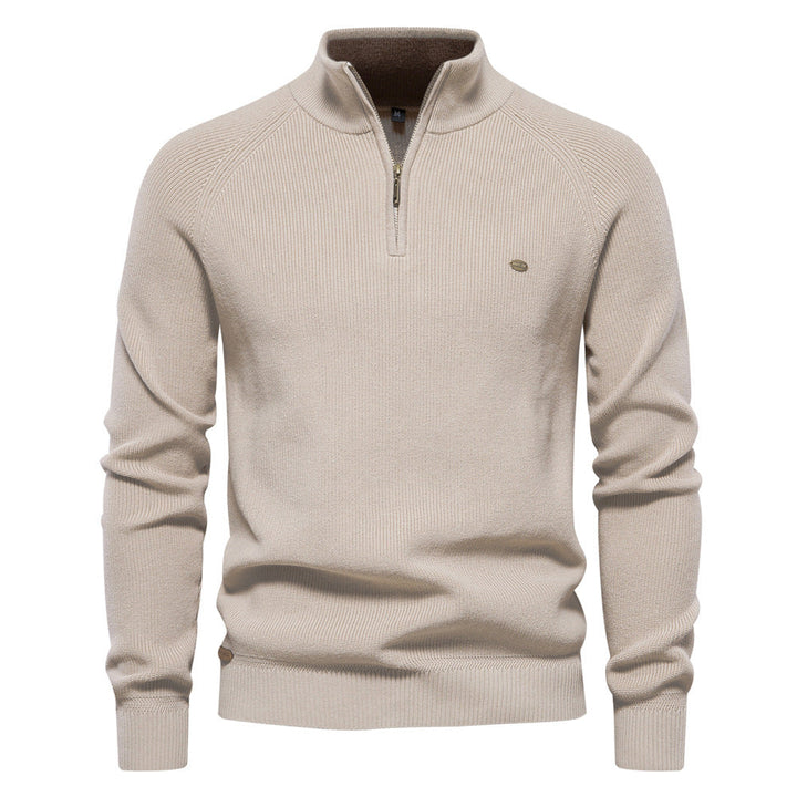 Men's black half zip ribbed crew neck sweater with long sleeves