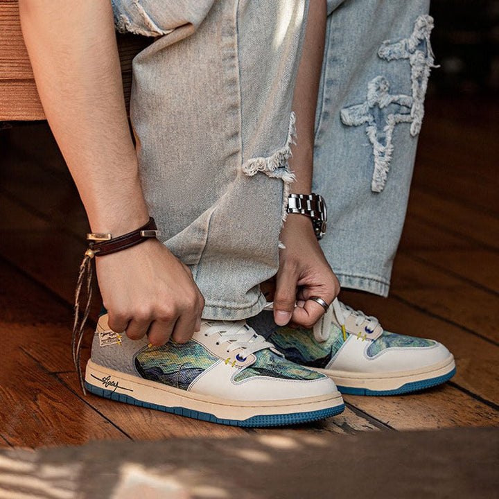 Multicoloured abstract landscape lace-up sneakers with blue sole